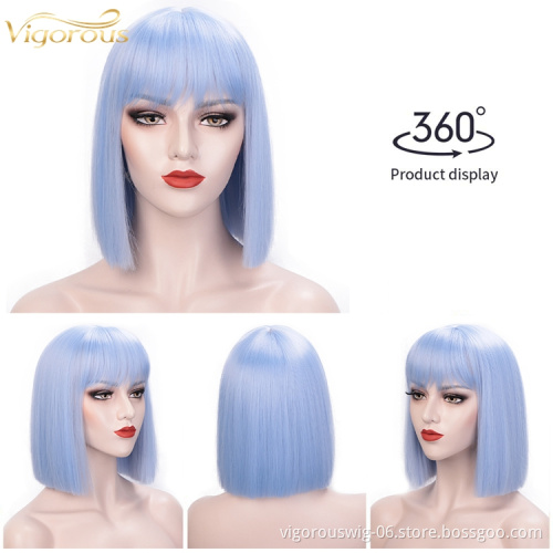 Hot sale wholesale cheap high quality premium blue short hair fibre synthetic bob air bang wigs heat resistant for black woman
